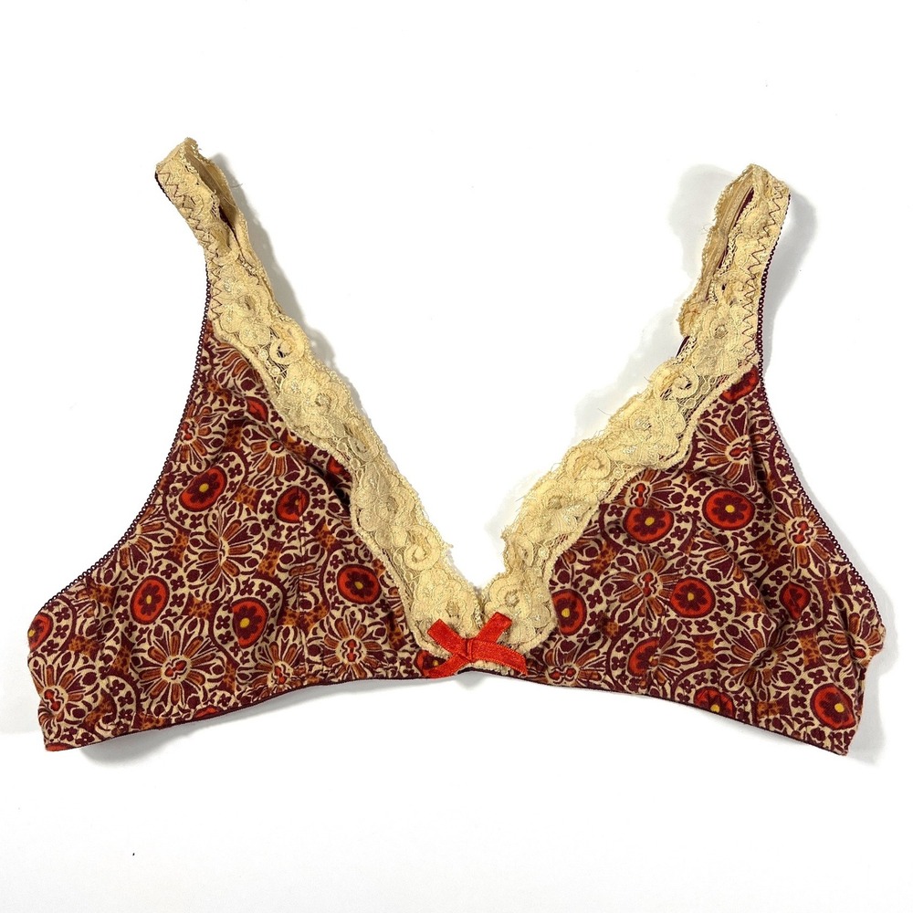 Pinkerton Anthropologie Red Paisley Floral Lace Trim Bralette Medium Cotton EUC